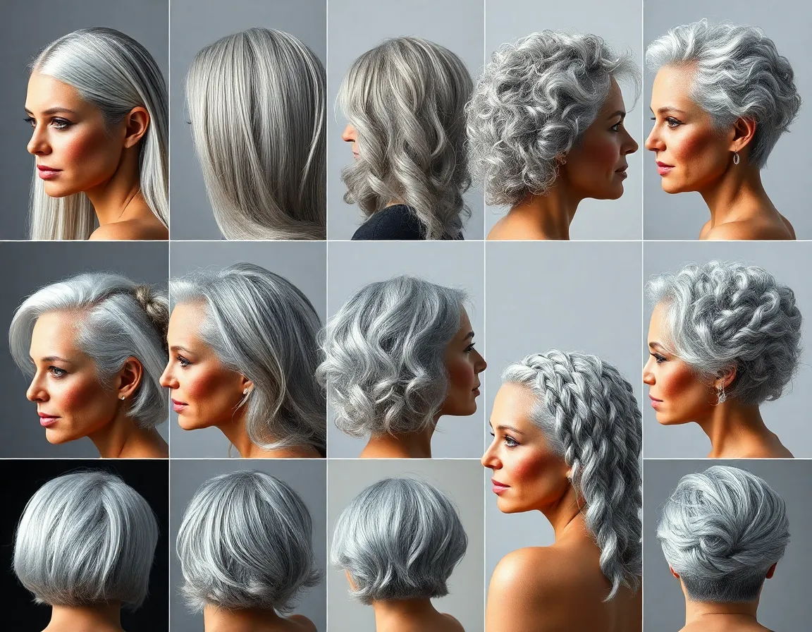 Cabello gris en diferentes texturas